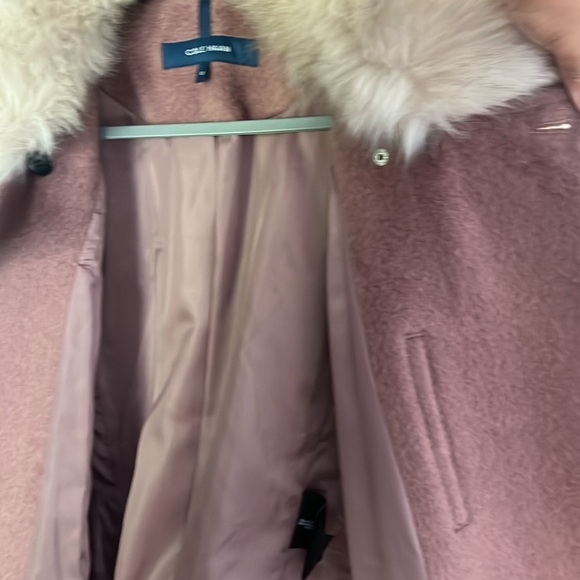 Cole HAAN Faux-Fur COLLAR Wool Blend Belted WRAP Coat Burgundy Size 12 - Picture 6 of 7